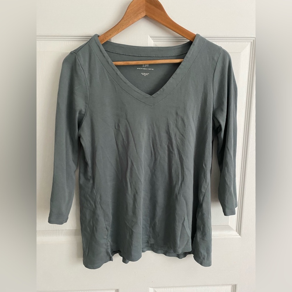 J. Jill 100% Pima Cotton V Neck 3/4 Sleeve Plain Blueish Green Top Size M